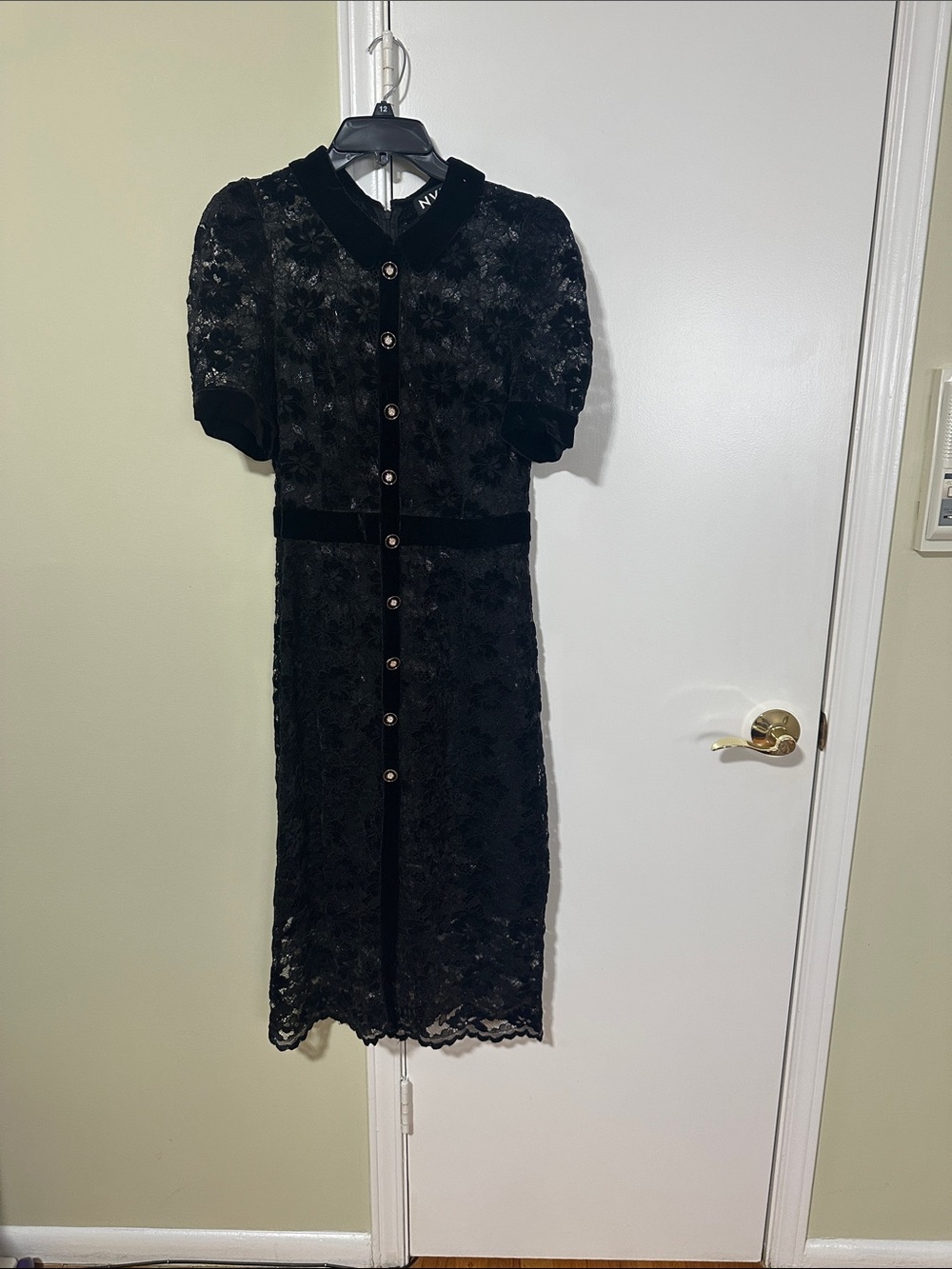 NVLT Black Lace Midi Dress with Velvet Trim